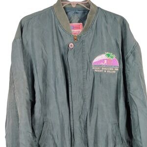 Lucky Star Men M Desert Shadows Inn Resort Silk Bomber Jacket Teal Green Vintage